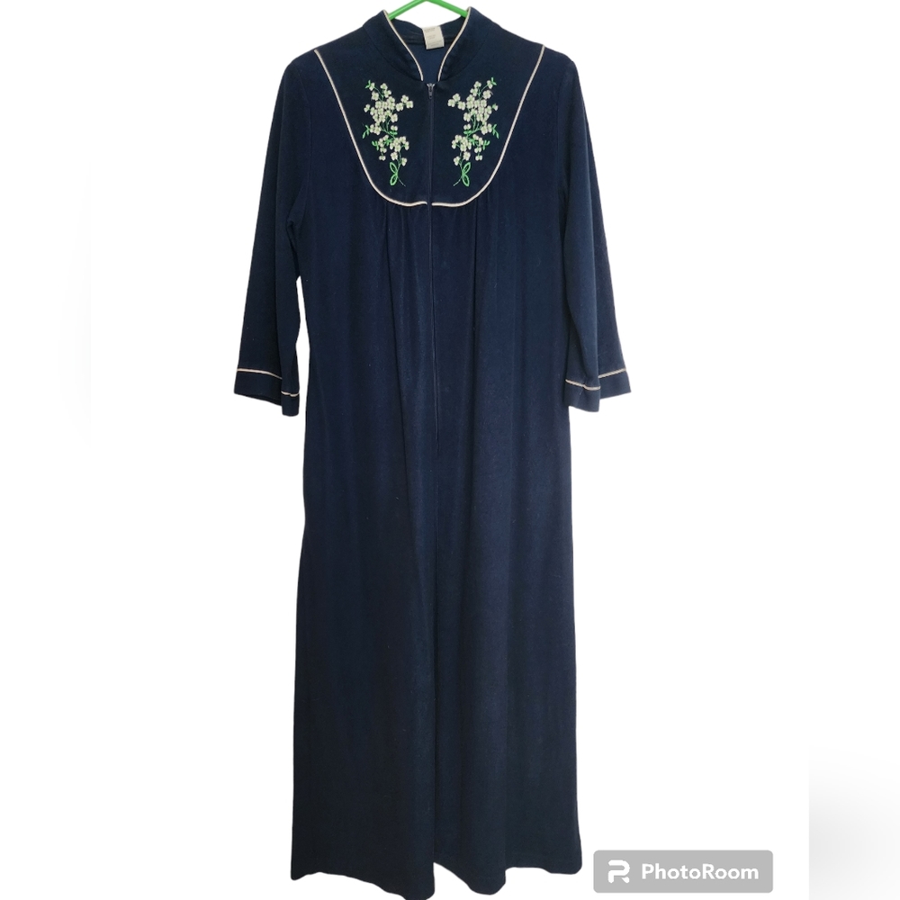 Vintage Blue Maxi Full Zip  Robe Embroidered Yoke SZ Medium